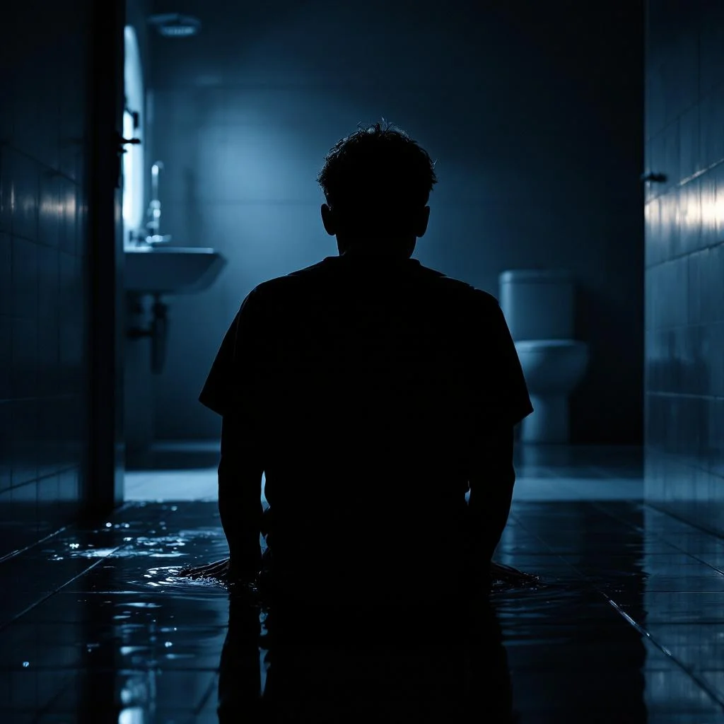 London bathroom at night with torch beam illuminating water backing up across tiled floor from shower tray