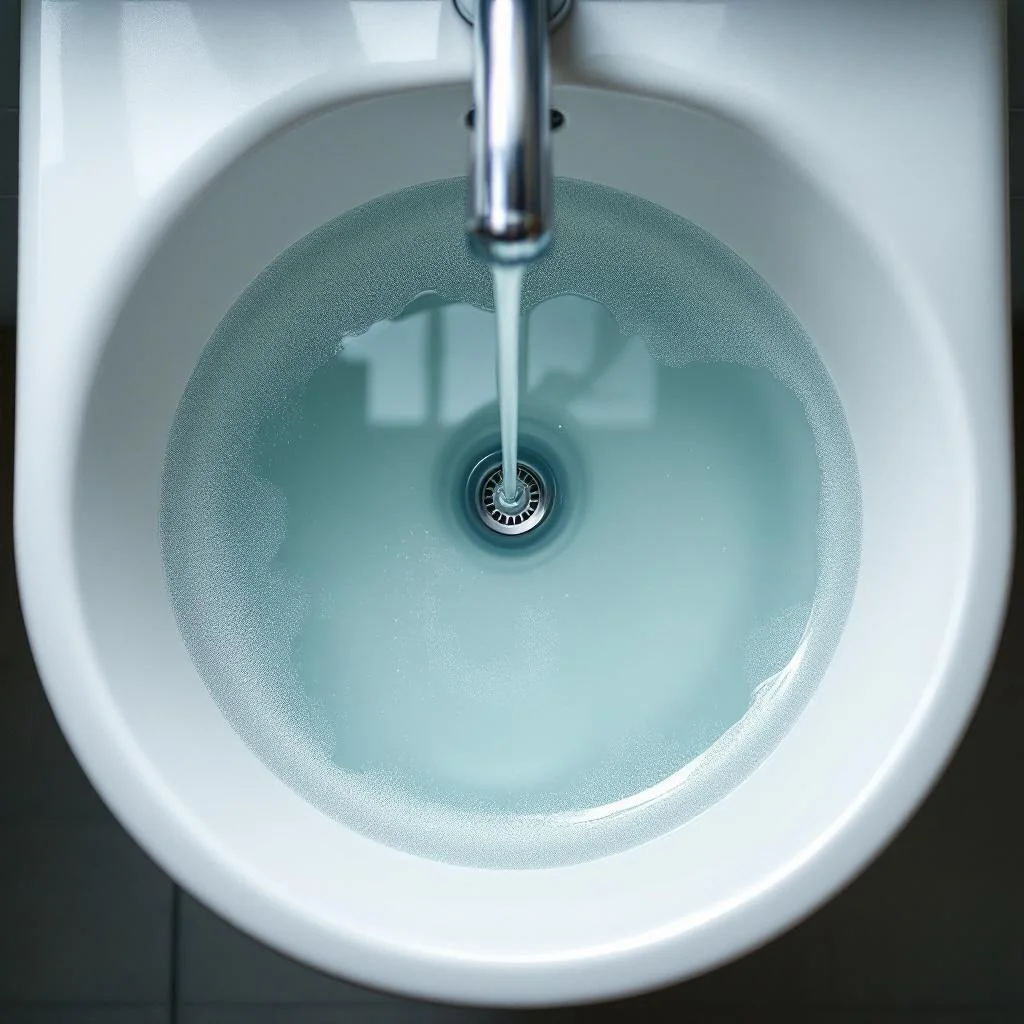 Overhead view of London bathroom sink with standing water that has failed to drain