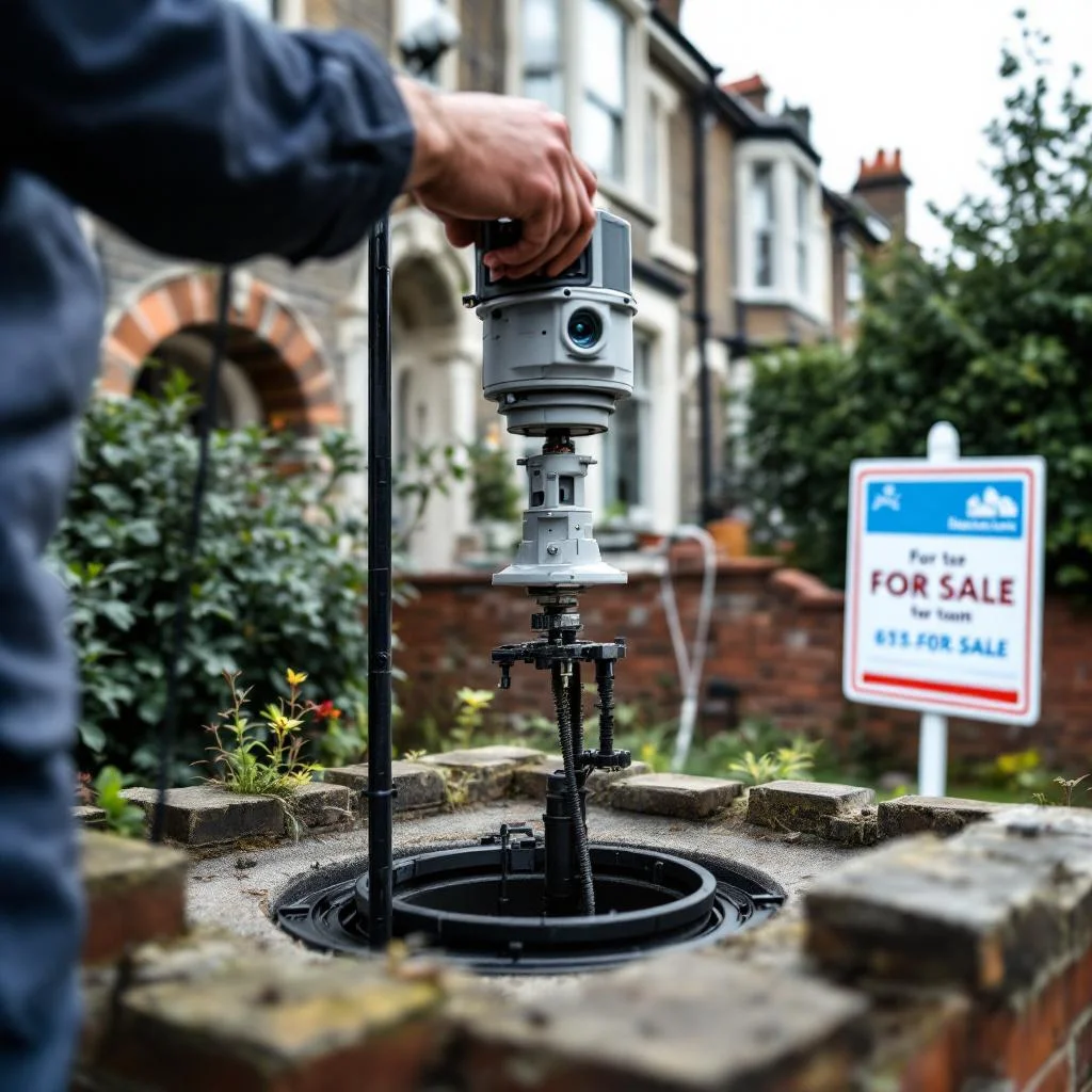 CCTV drain survey camera being lowered into inspection chamber outside Victorian London terraced house with for-sale board