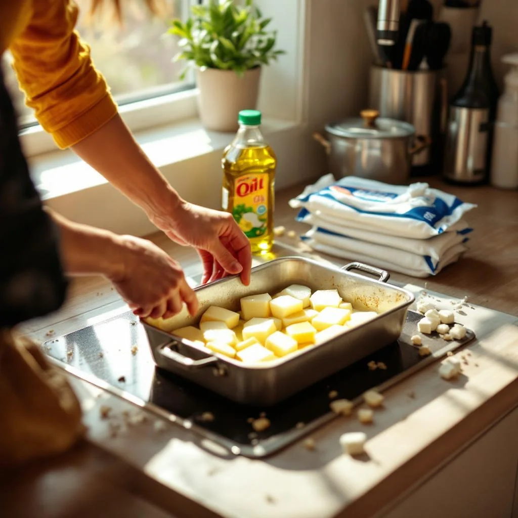 London kitchen worktop with roasting tin of cooking fat, oil bottle and wet wipes beside the sink