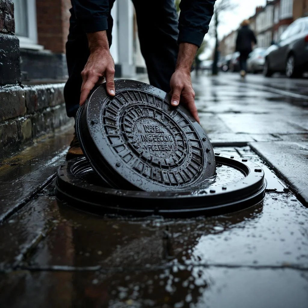 London residential street with inspection chamber cover raised by water pressure seeping onto pavement