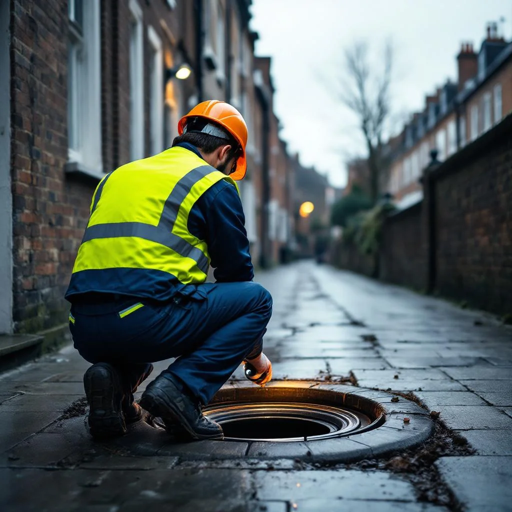 Drain engineer in work gear seen from behind crouching to examine open inspection chamber outside Victorian London terraced house
