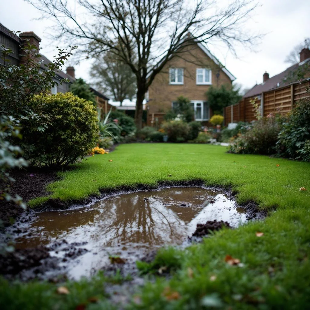 Suburban North London back garden with a noticeable waterlogged patch on the lawn after rain, surrounding soil dark and wet, overcast grey daylight