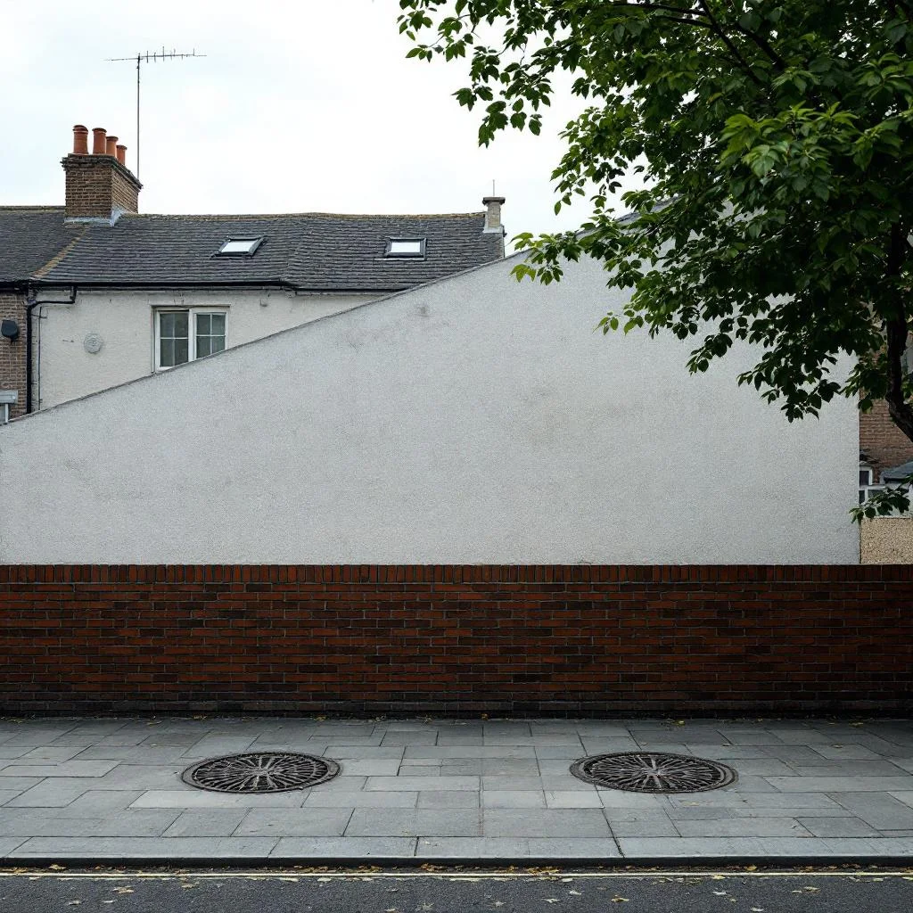 London residential street showing front garden boundary wall with a circular drainage cover visible on each side, overcast daylight, documentary style