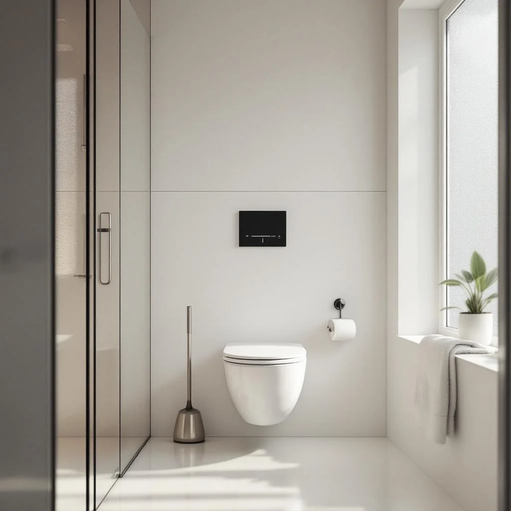 Clean modern London bathroom with a plunger resting against the wall beside the toilet, soft morning light through frosted window