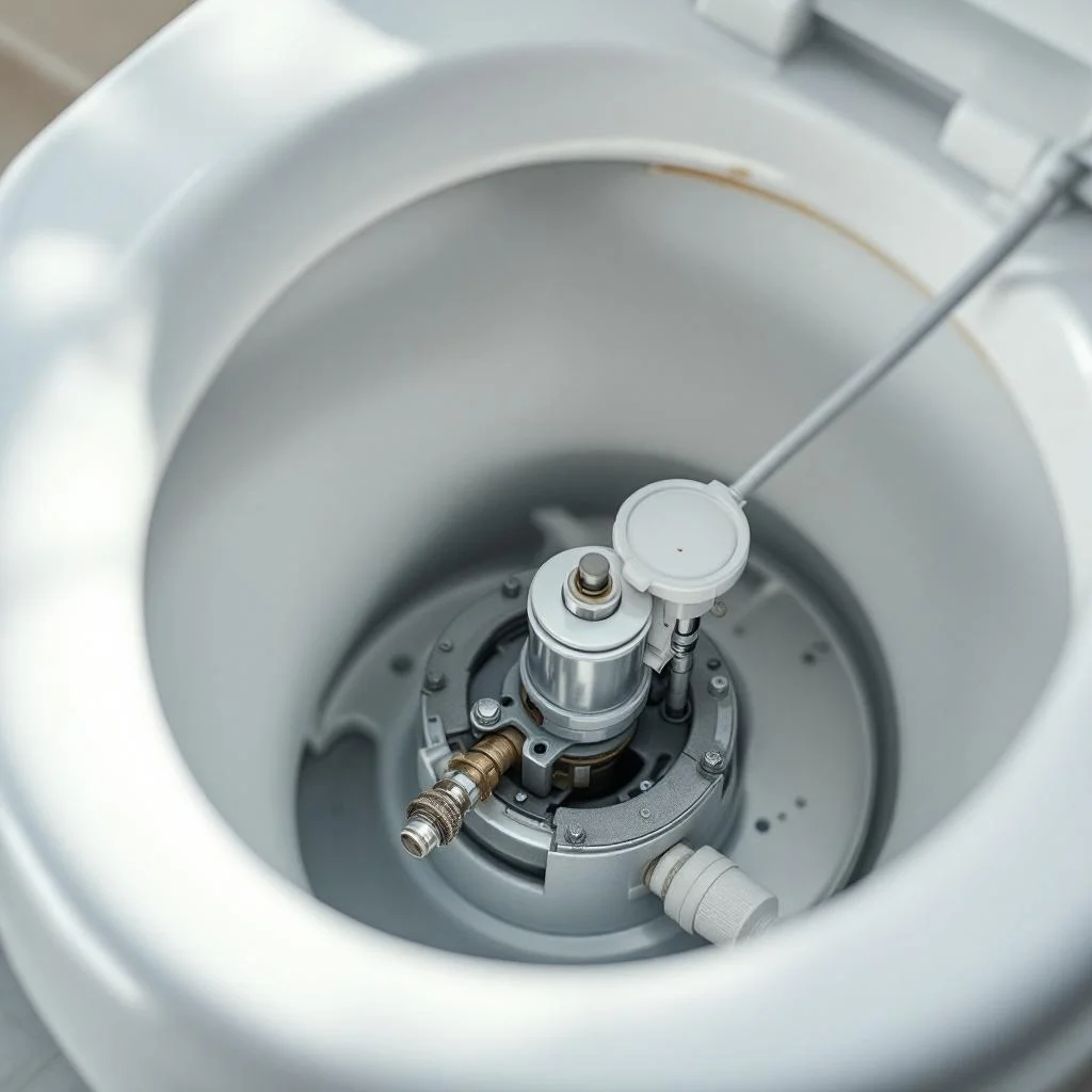 Close-up inside a toilet cistern with lid removed showing the float valve, fill valve, and flush mechanism, all unbranded, soft light