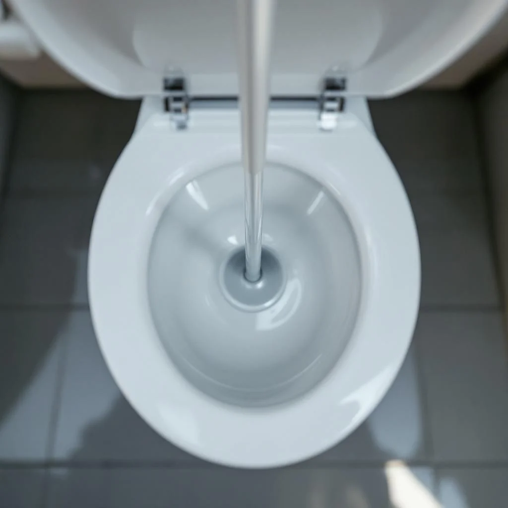 Overhead photograph looking down into a clean toilet bowl with a plunger positioned above, hands visible holding the handle, natural daylight