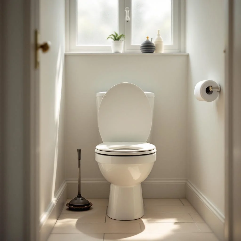 London residential bathroom with blocked toilet and plunger leaning against cistern