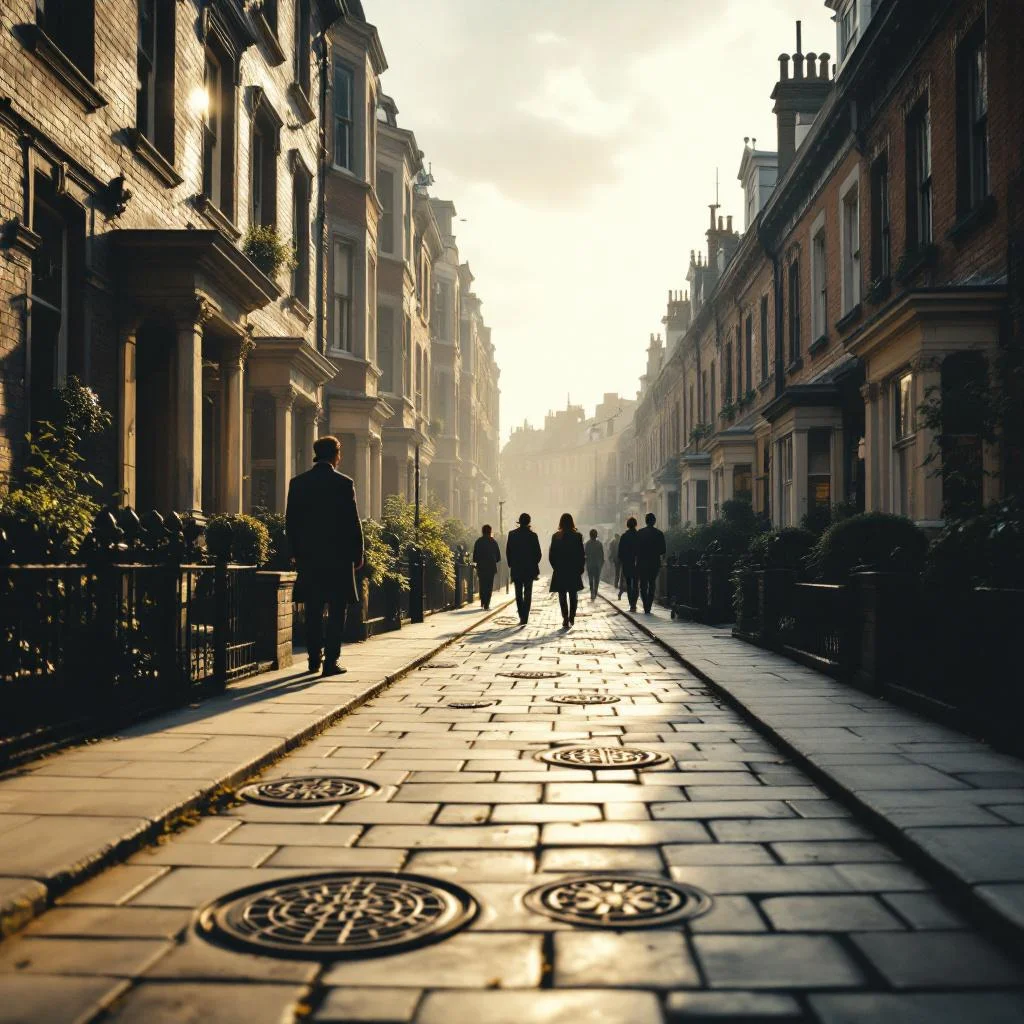 Victorian London terraced street with inspection chamber covers in pavements and front paths