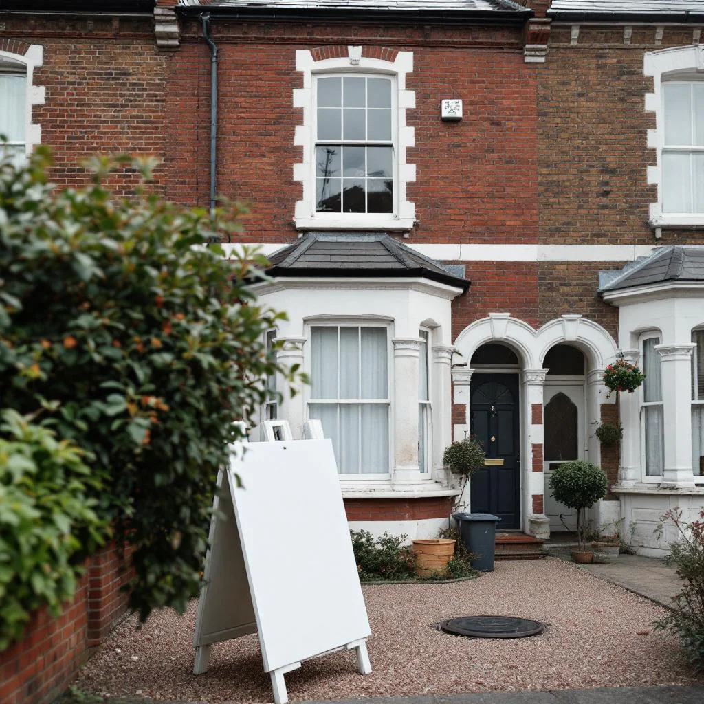 Victorian London terraced house with for-sale board and inspection chamber visible in front path