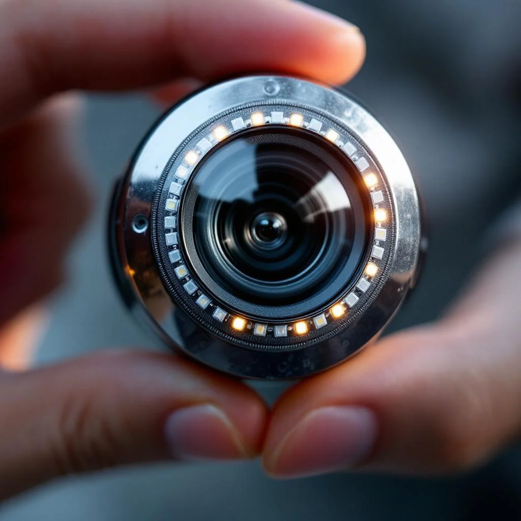 CCTV drain camera head with glass lens and LED ring held between fingers, macro photography, clean background