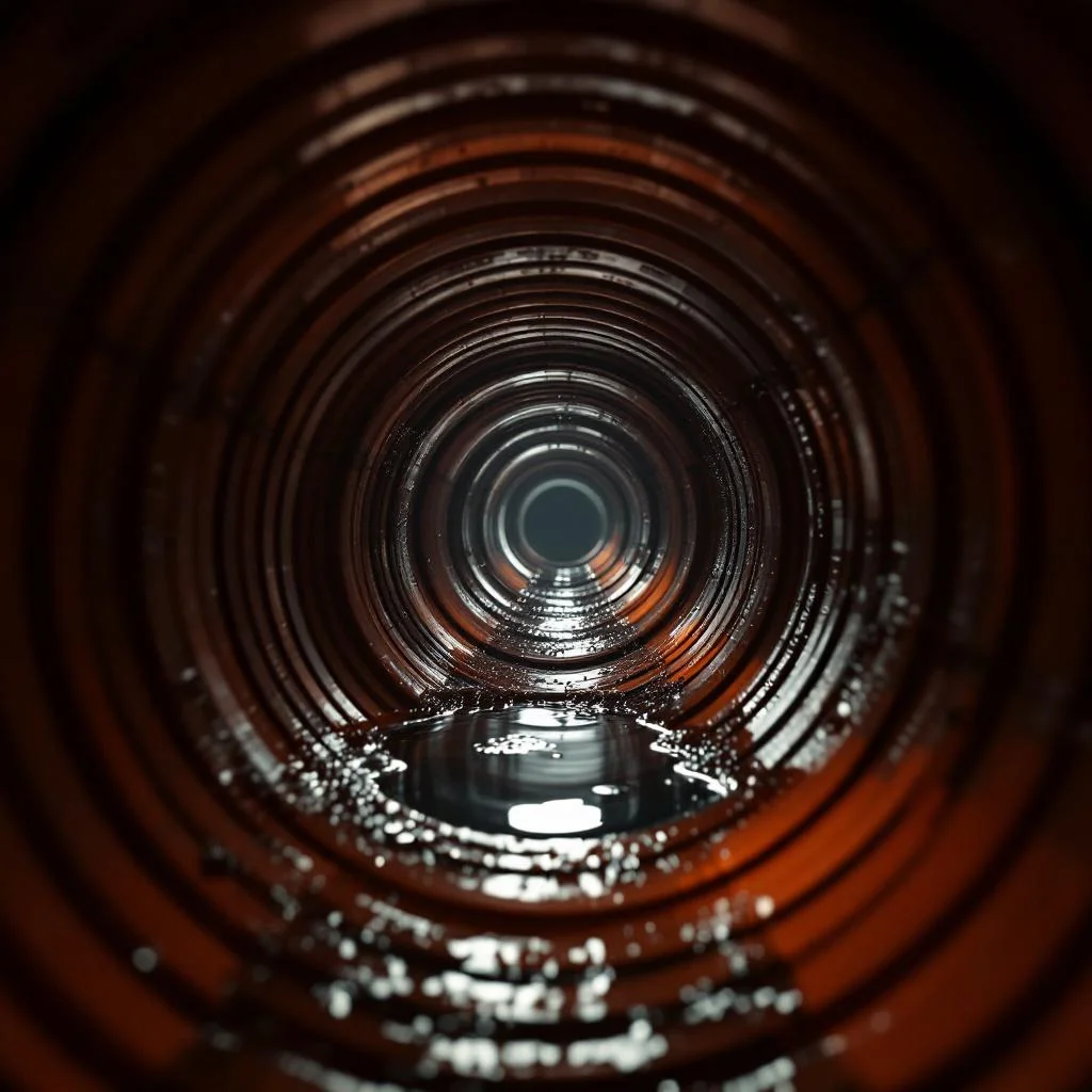 Looking down inside a residential clay drain pipe with water visible at the bottom, lit as if from a camera torch