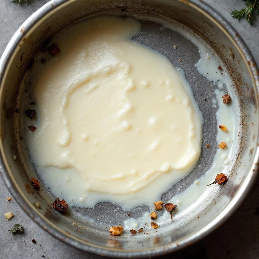 Overhead close-up of congealed white cooking fat cooling in a metal roasting tin, surrounded by a few scraps of food, soft natural light, documentary style