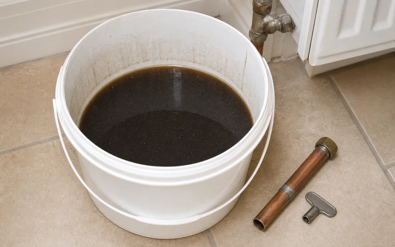 Dirty central heating water collected during radiator sludge diagnosis