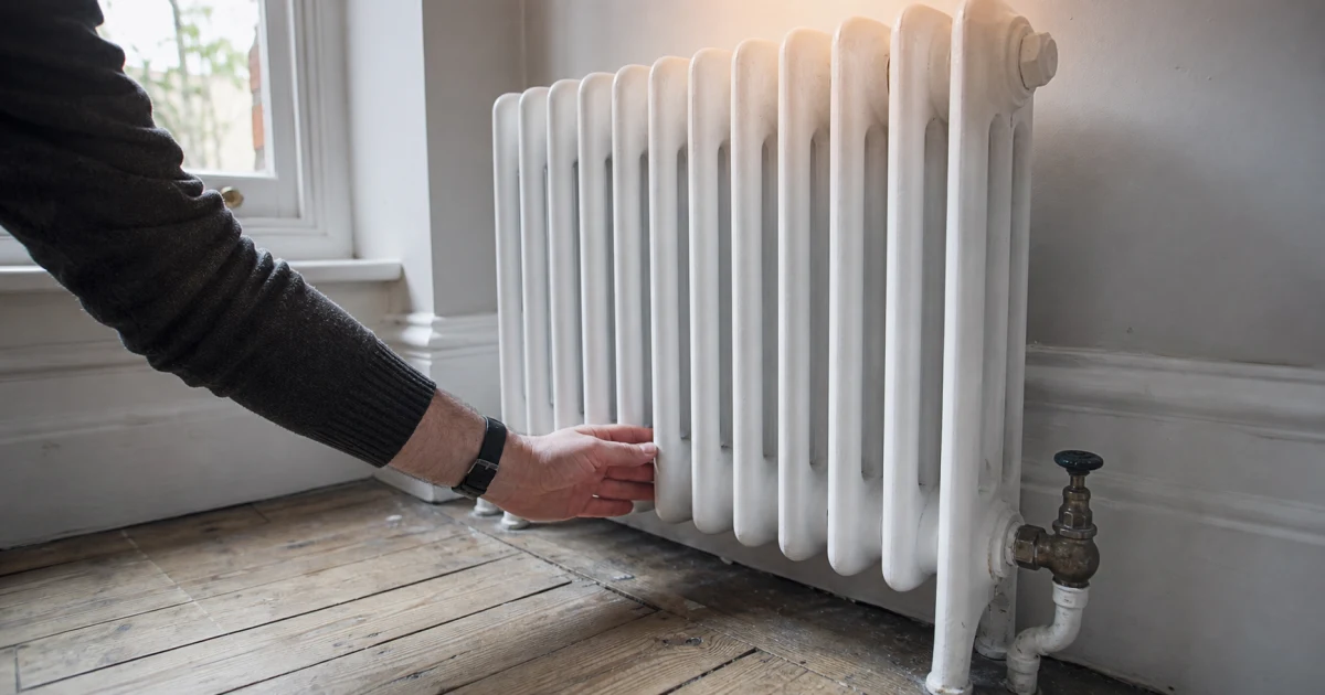 Hand checking a cold lower section of a radiator in a London home