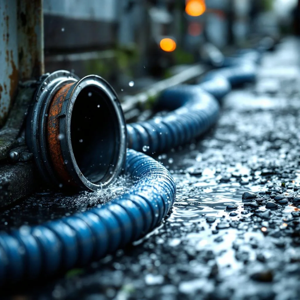 Coiled high-pressure drain jetting hose on damp tarmac beside open inspection chamber, morning light, London