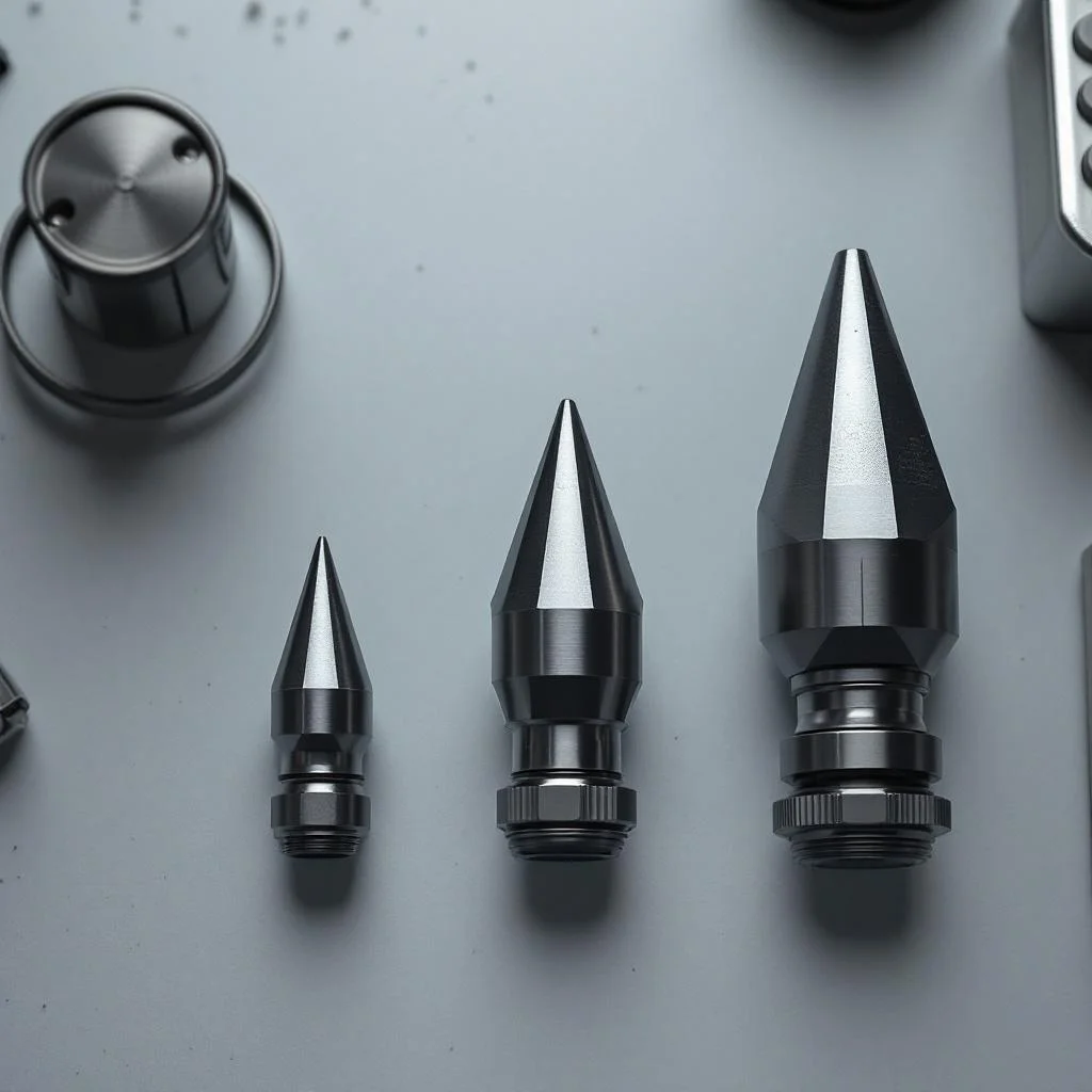 Three different sized drain jetting nozzles arranged on a clean workbench representing different jetting capacities