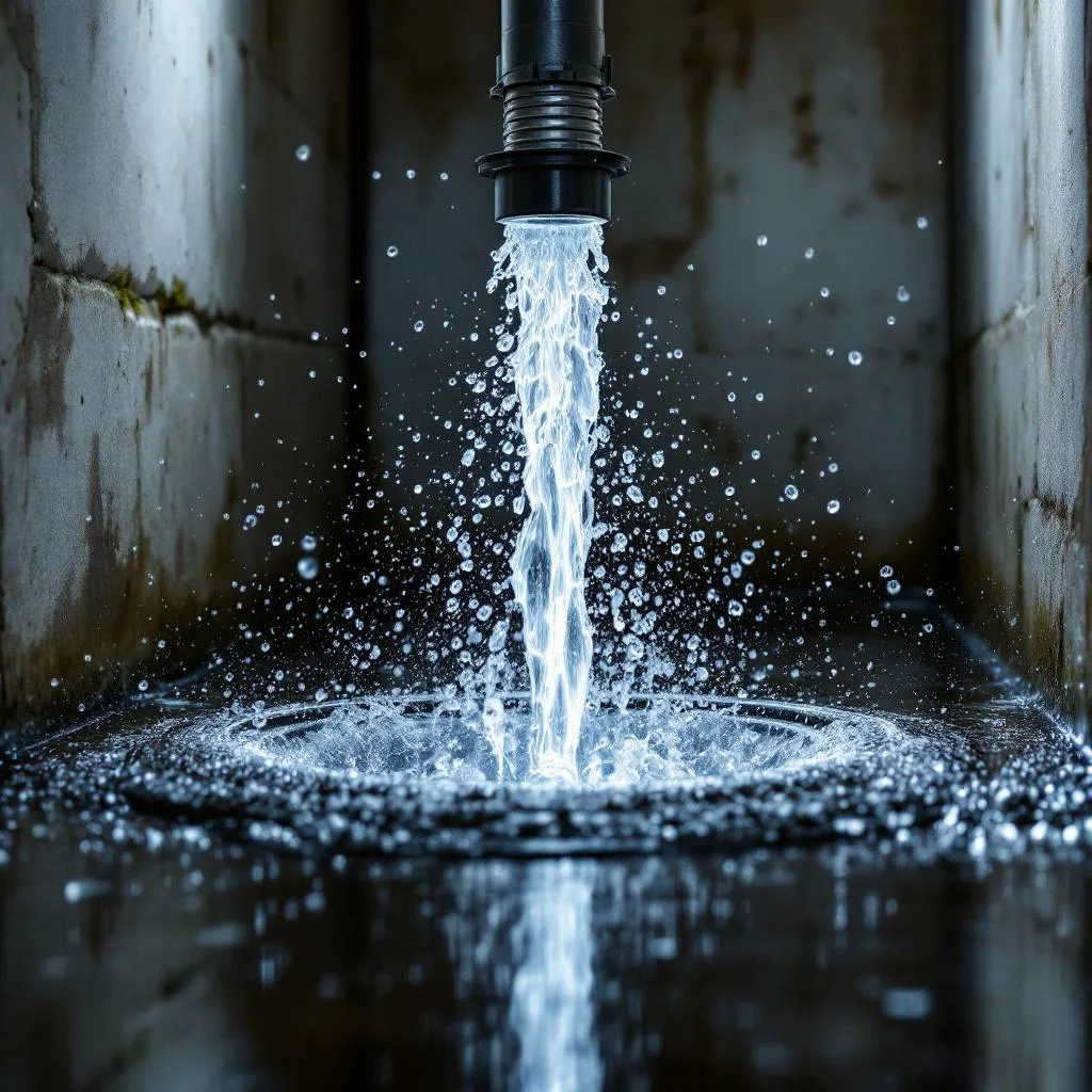 High-pressure water jet spray emerging into a residential drain inspection chamber, droplets frozen mid-air