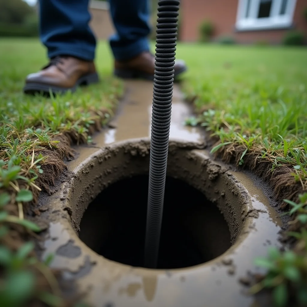 Engineer feeding a high-pressure jetting hose into a drain inspection chamber in a London back garden, professional equipment, overcast daylight