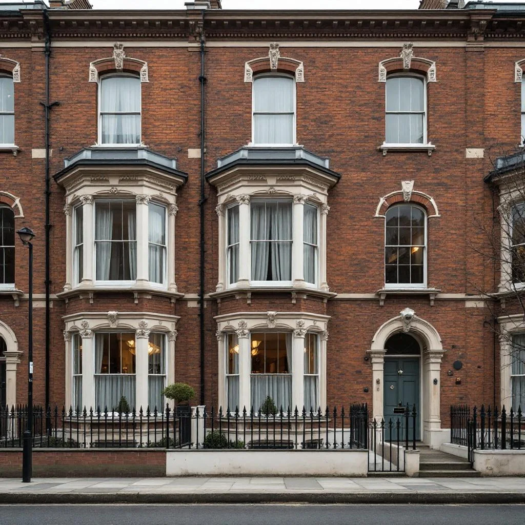 Typical London converted Victorian house divided into flats, three floors, bay windows, multiple doorbells, overcast daylight, documentary style