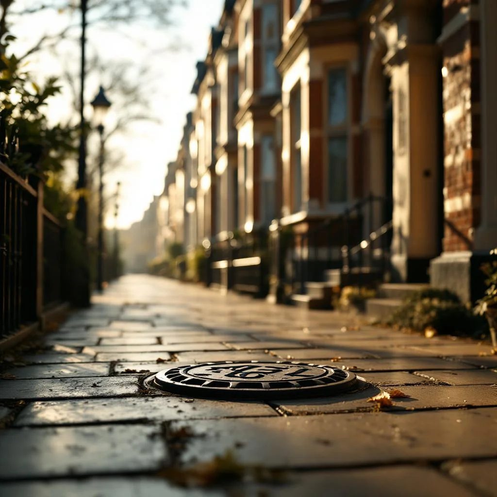 Victorian terraced street with drainage inspection chamber on front path, London, warm late-afternoon light