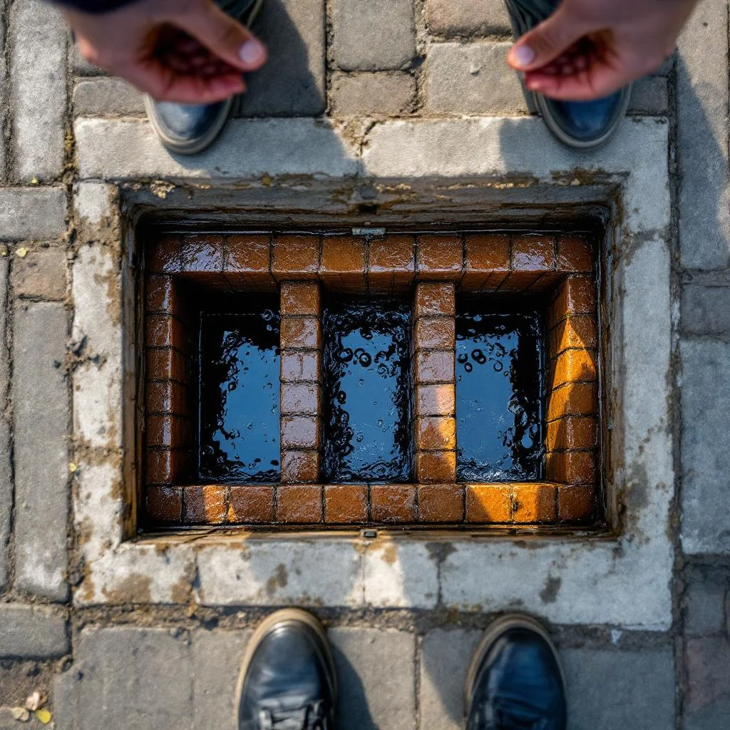 Open drainage inspection chamber showing clean brickwork channels and flowing water