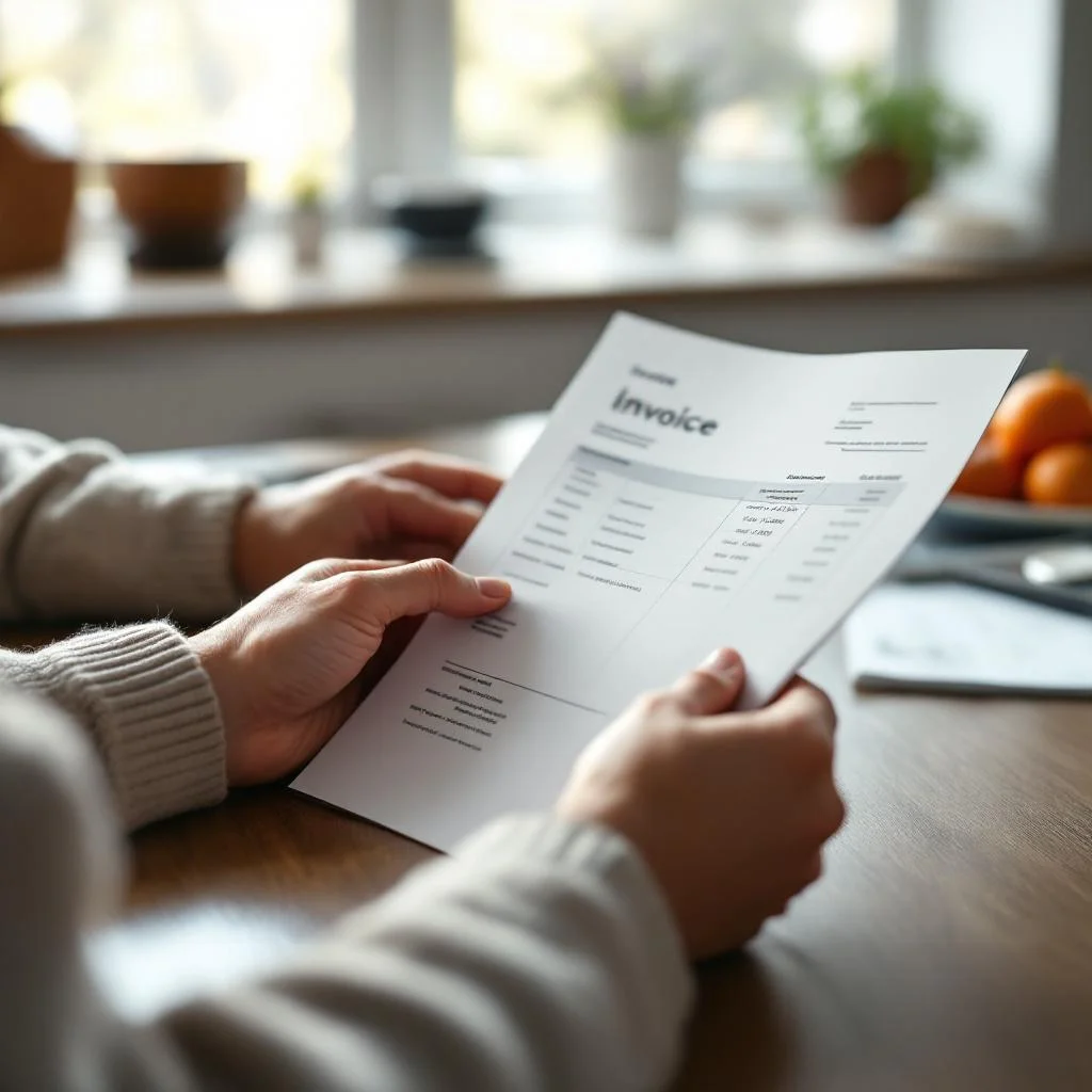 Homeowner reviewing printed invoice at kitchen table by soft window light
