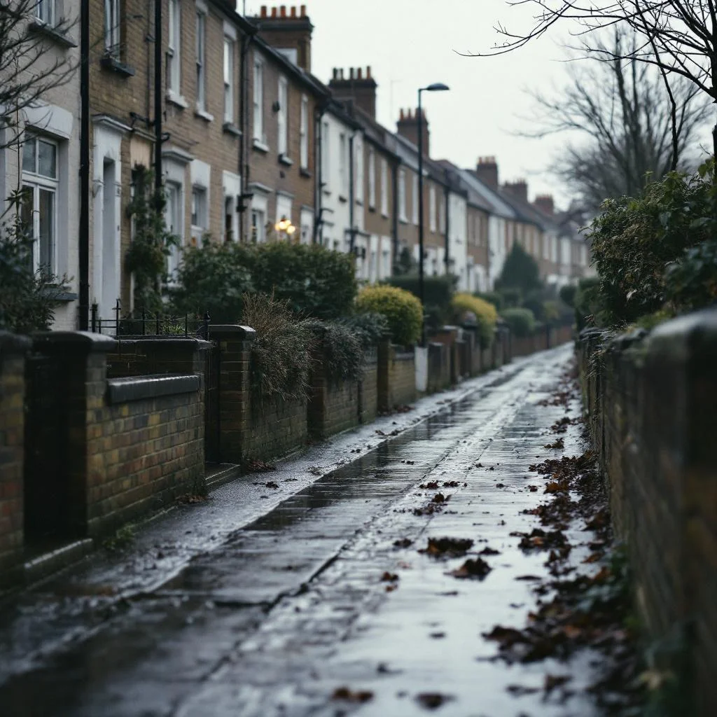 Sloping South London residential street with terraced houses stepping down the hill, water running in rivulets down the gutter after recent rain, soft daylight