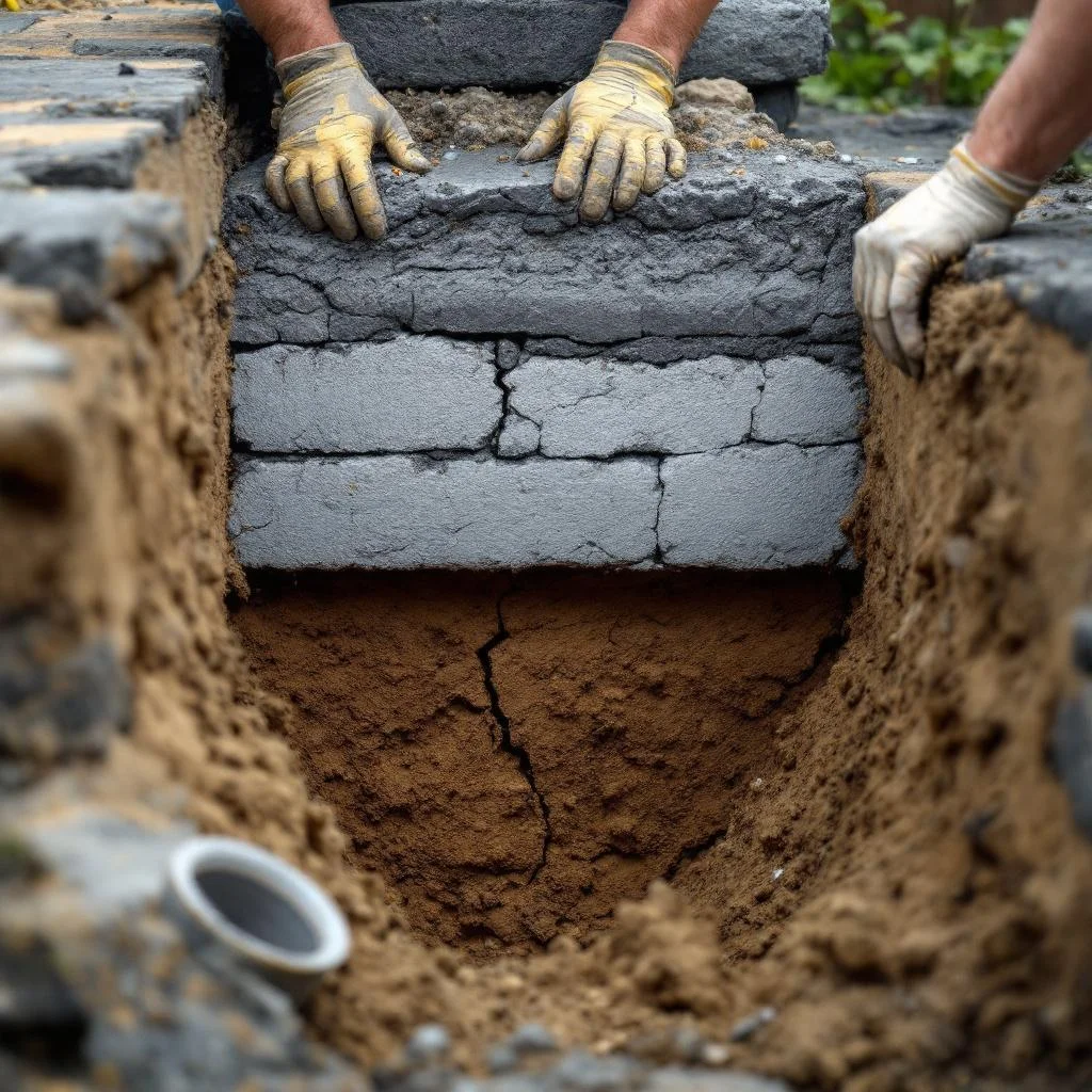 Trench excavation in London garden revealing blue-grey clay soil with cracked drain pipe exposed at depth