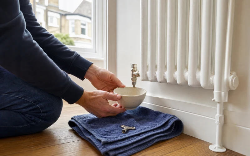 Radiator valve, bowl, towel, and spanner prepared for a central heating drain down