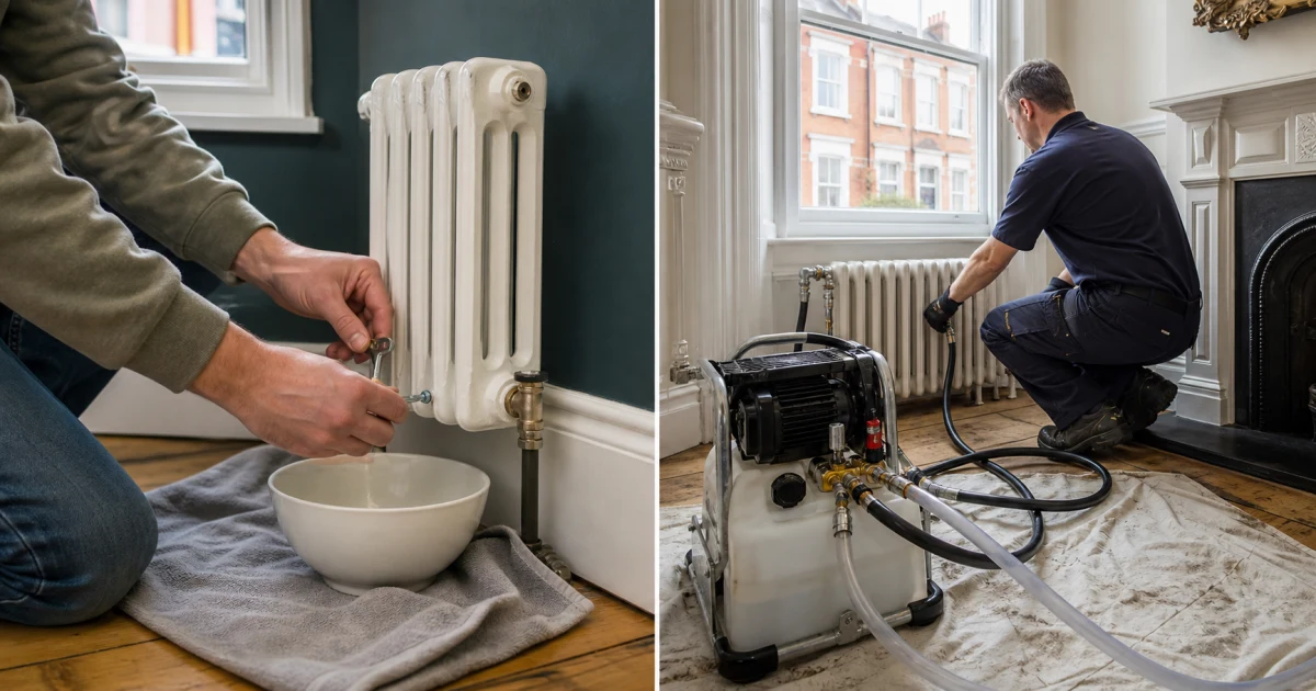 Homeowner preparing tools to drain a radiator system in a London flat