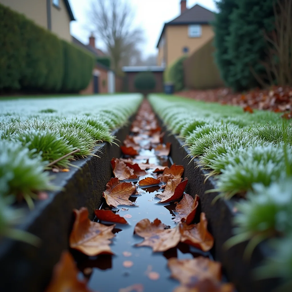 Garden drain gully covered in wet autumn leaves and debris in a London back garden with frost on grass — a common cause of winter drain blockages