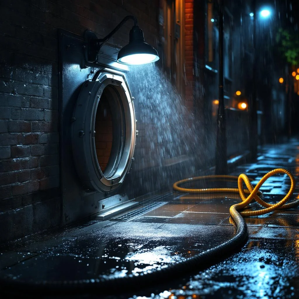 Open residential inspection chamber lit by work lamp at night with coiled jetting hose on wet pavement