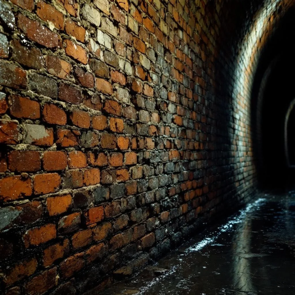 Close-up of weathered Victorian brickwork inside a sewer or tunnel, moisture glinting on the bricks, water running in a shallow channel, atmospheric side-lighting