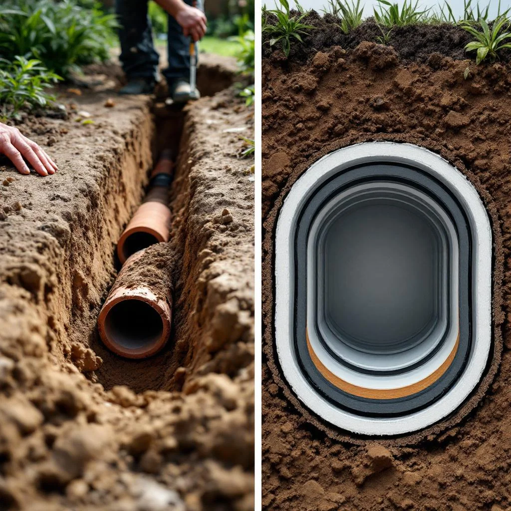 No-dig pipe relining operation versus drain excavation in a London garden — split composition showing both repair methods