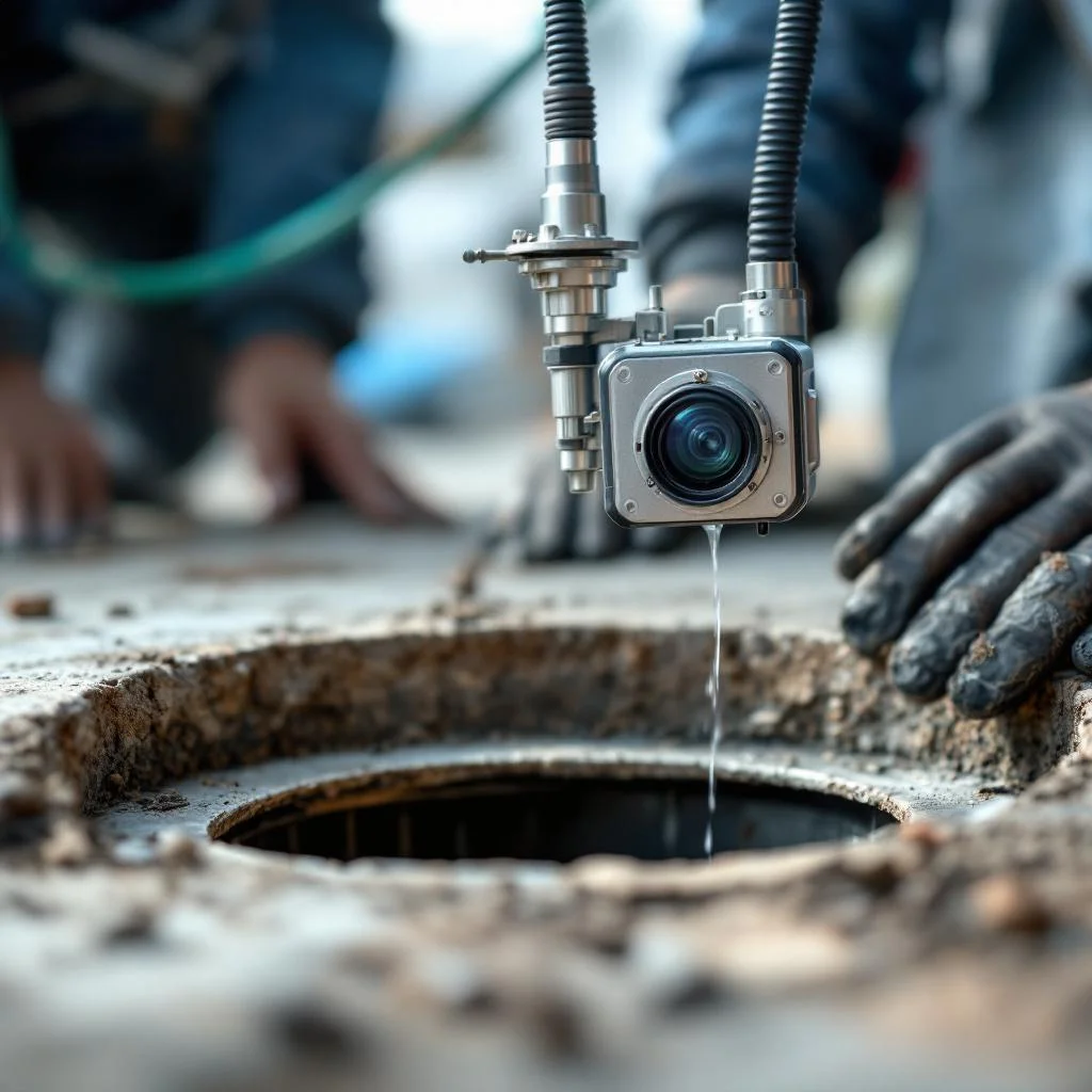 Close-up of drain inspection camera head being lowered on its flexible rod into an open inspection chamber, shallow depth of field