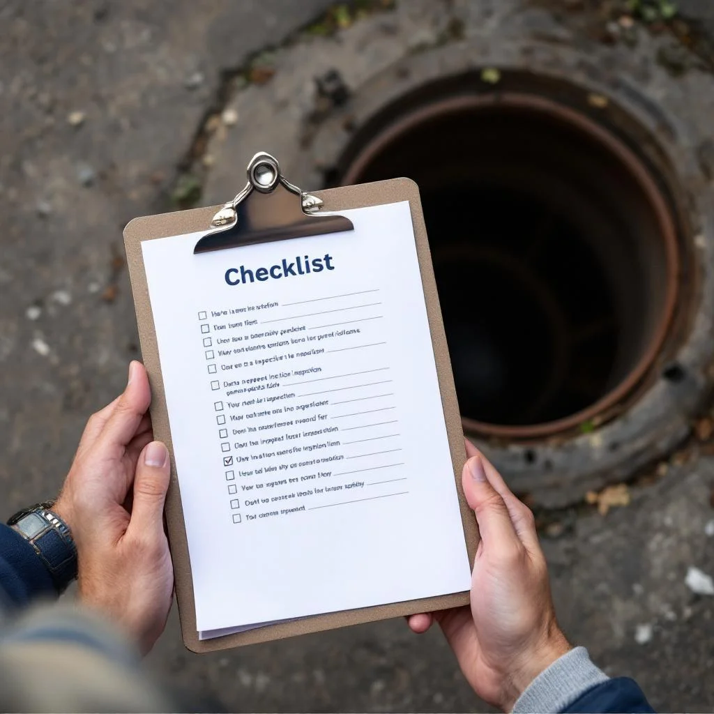 Hands holding a blank clipboard with generic checklist form next to open drainage inspection chamber, natural daylight, documentary style