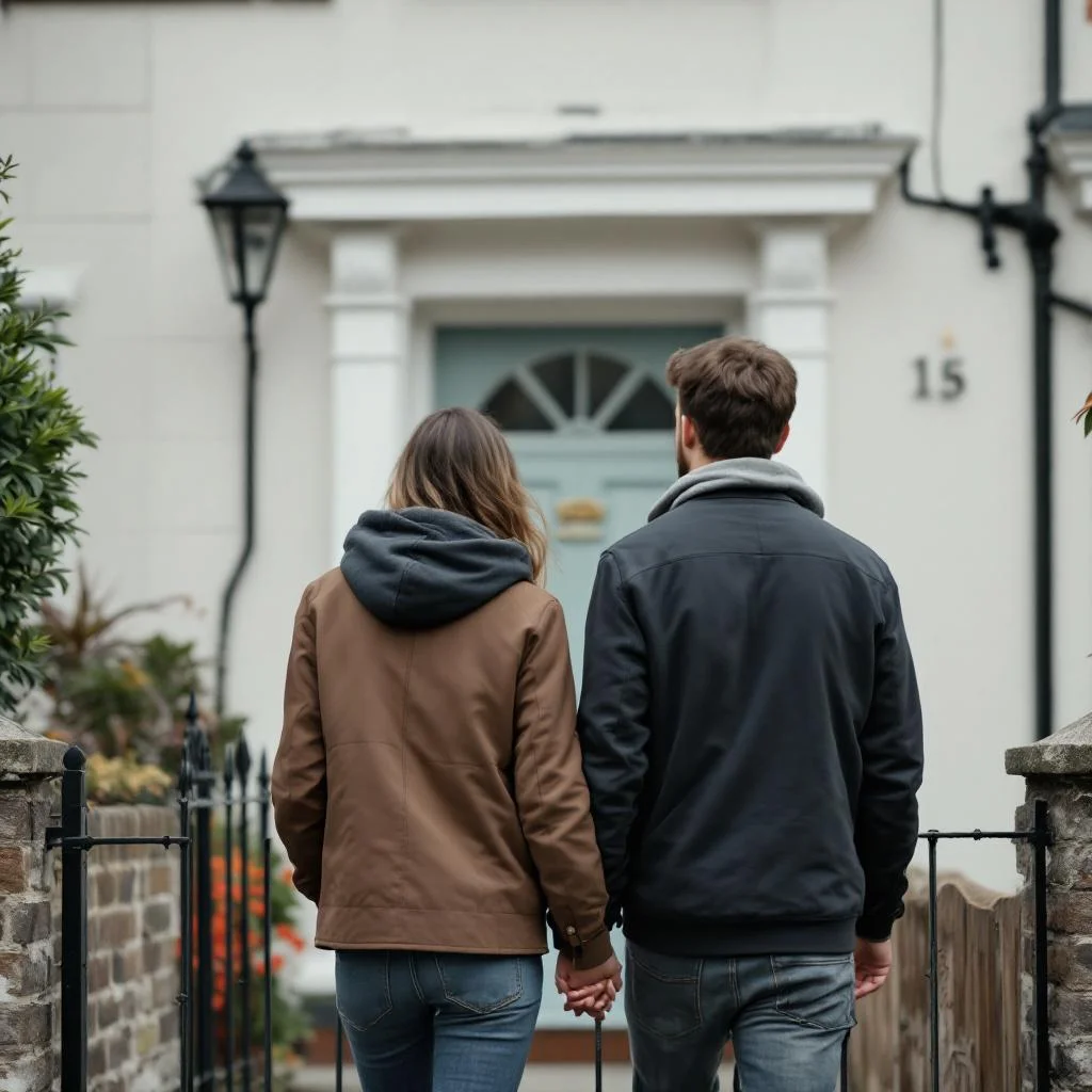 Couple viewed from behind walking up to the front door of a London Victorian terraced house during a property viewing, overcast daylight