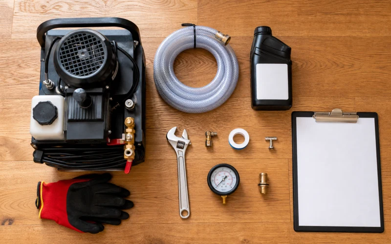 Radiator power flush toolkit and invoice on a London hallway floor