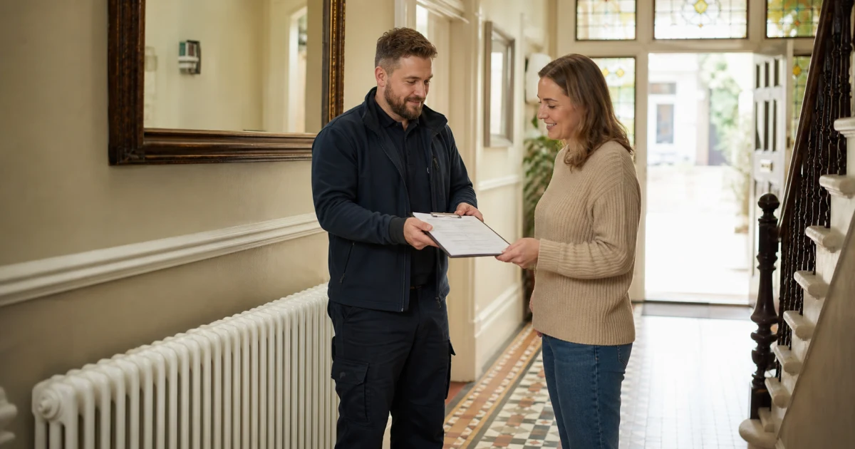 Heating engineer reviewing a radiator power flush quote in a London hallway