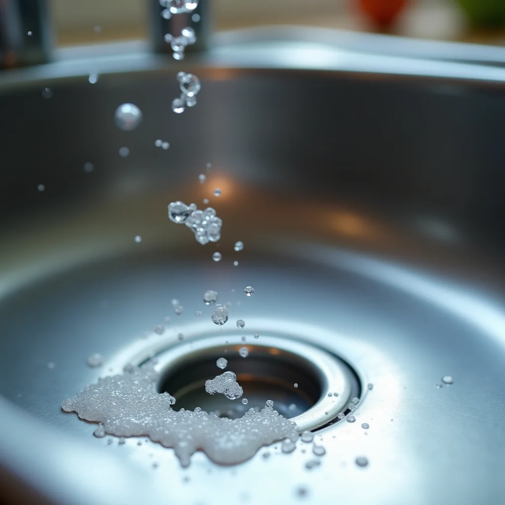 Close-up of a kitchen sink drain with small bubbles and foam gurgling up around the plughole, indicating a partial drain blockage developing