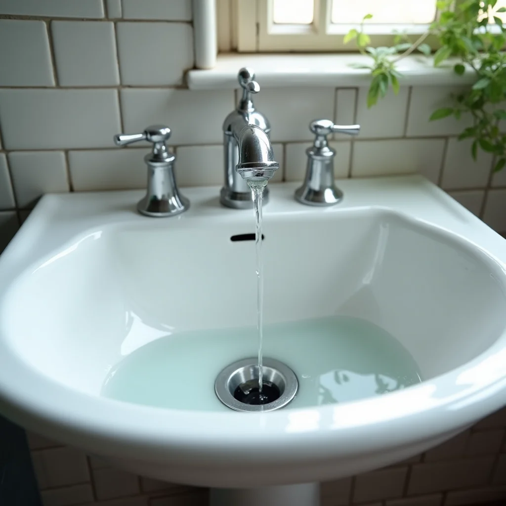Bathroom sink with standing water barely draining and soap scum around the plughole — a classic sign of a developing drain blockage