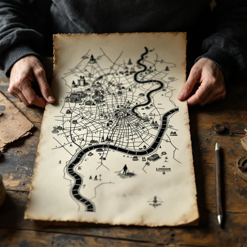 Antique-style map detail in black ink on cream paper showing a fictional stylised section of South London with a winding sewer line, vintage engraving aesthetic, no readable text