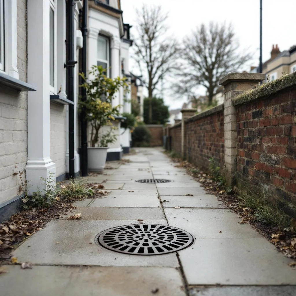 London terraced house front garden boundary with drain covers in path and pavement
