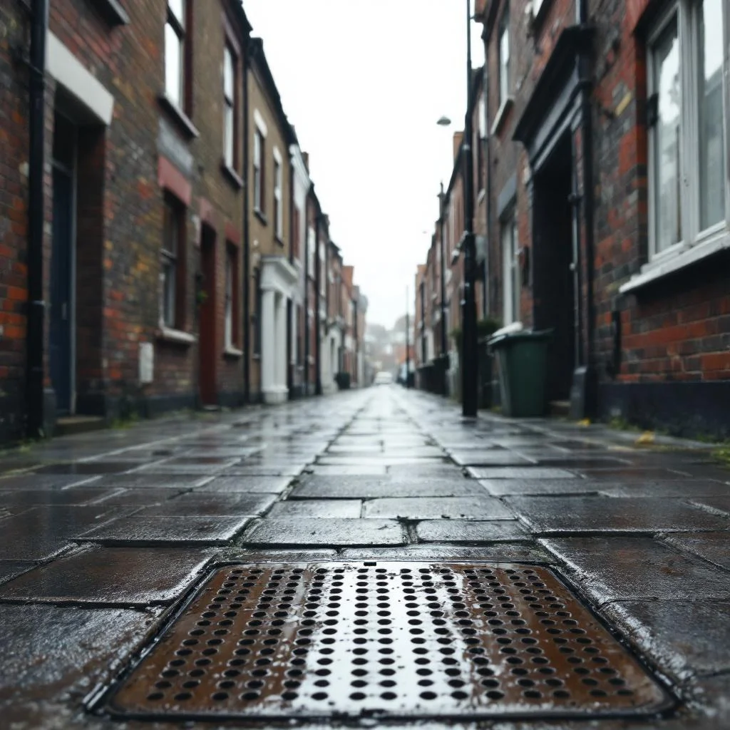 Moody East London terraced street at dusk with warm streetlamps, shadowed brick facades, and a dark drain cover in the foreground