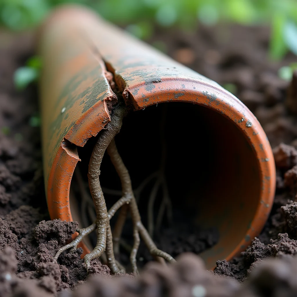 Old cracked Victorian glazed clay drain pipe with tree roots growing through the fracture, resting in soil, educational documentation of drain defect