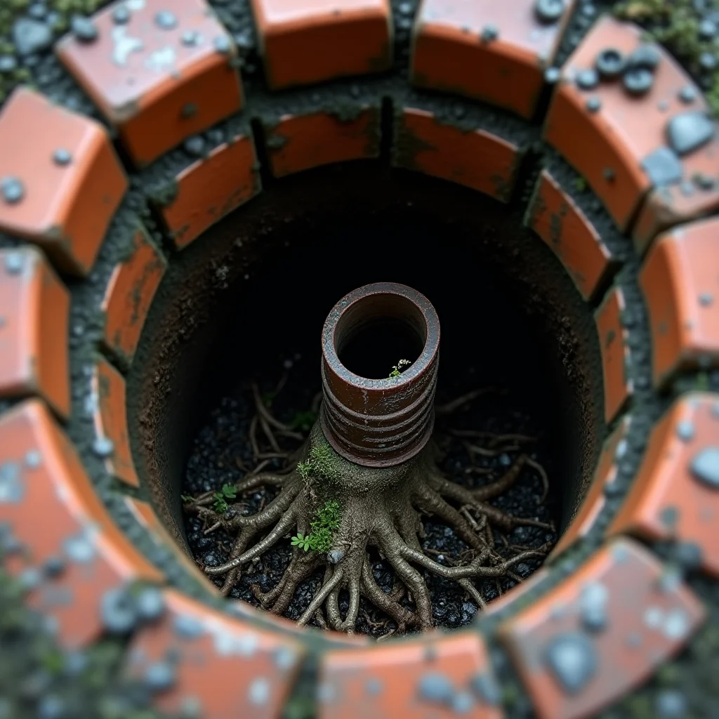 Open brick-lined drain inspection chamber in a London Victorian back garden revealing aged clay pipes with root intrusion