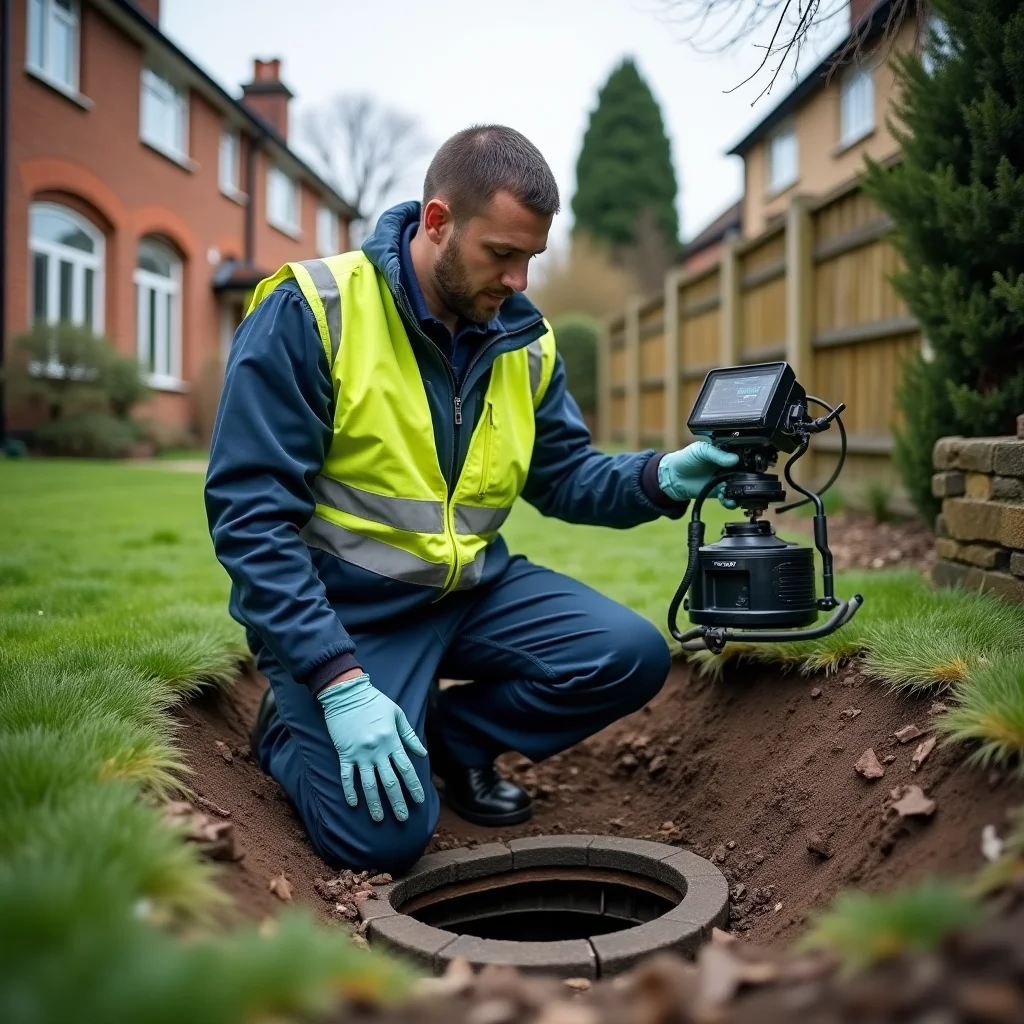 Drainage engineer kneeling beside an open inspection chamber in a London garden with CCTV drain camera equipment