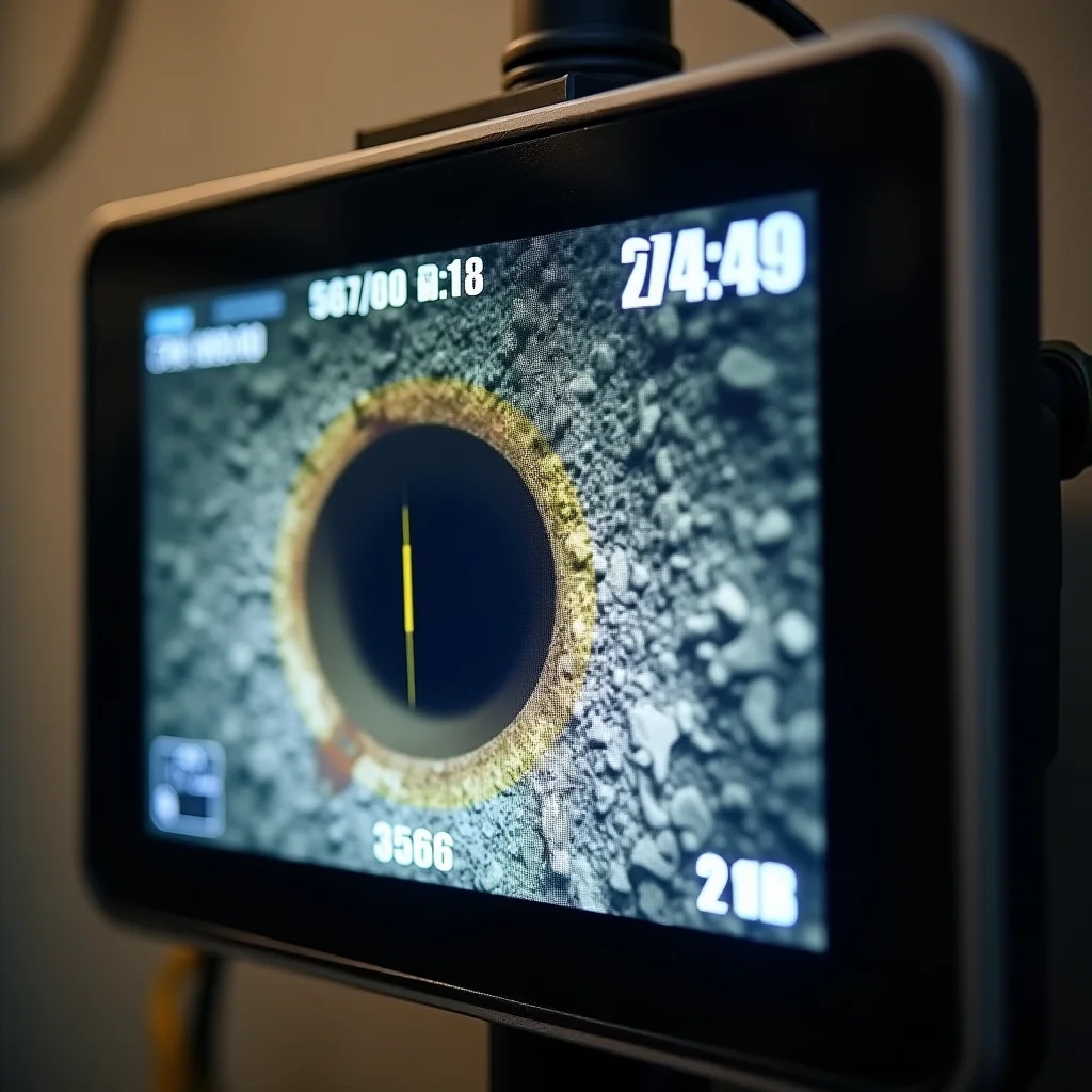 Professional site monitor screen showing live CCTV drain survey footage of the interior of a clay pipe, crack visible in the pipe wall, timestamp overlay