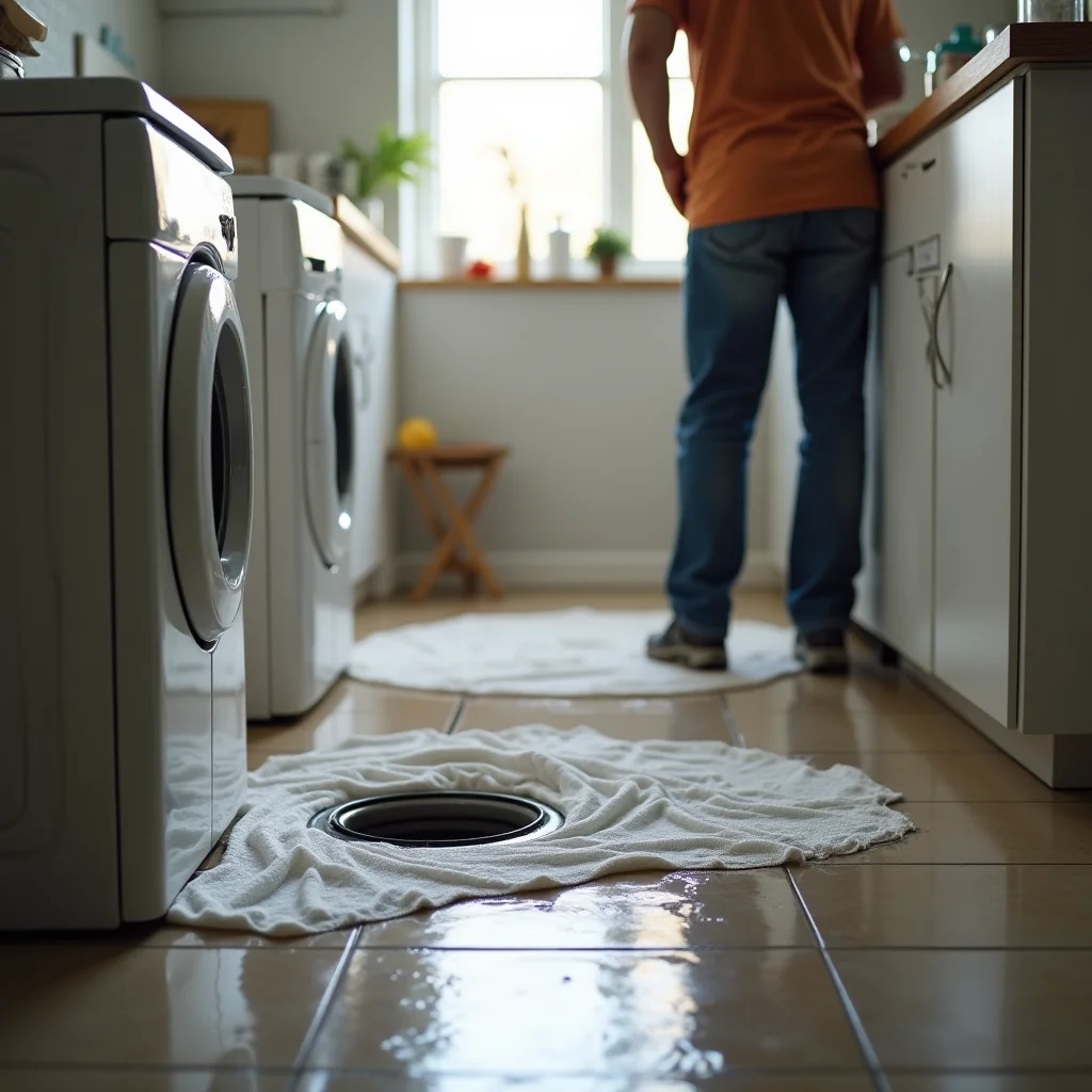 Homeowner placing absorbent towels on the floor of a utility room around a backed-up drain with water visible, protective action during a drain emergency
